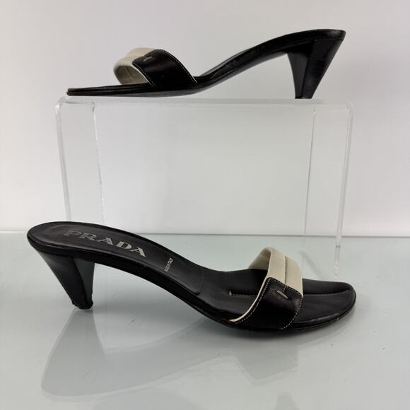 PRADA Kitten Heel Slip on Mules Black White Made in Italy Womens 7.5 - 38 EU - Picture 2 of 8